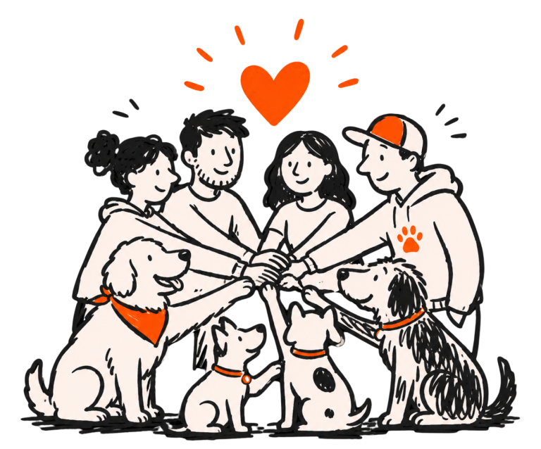 Partnerschaft Sechs Personen umgeben von Hunden, die Hände in die Mitte legen als Team.