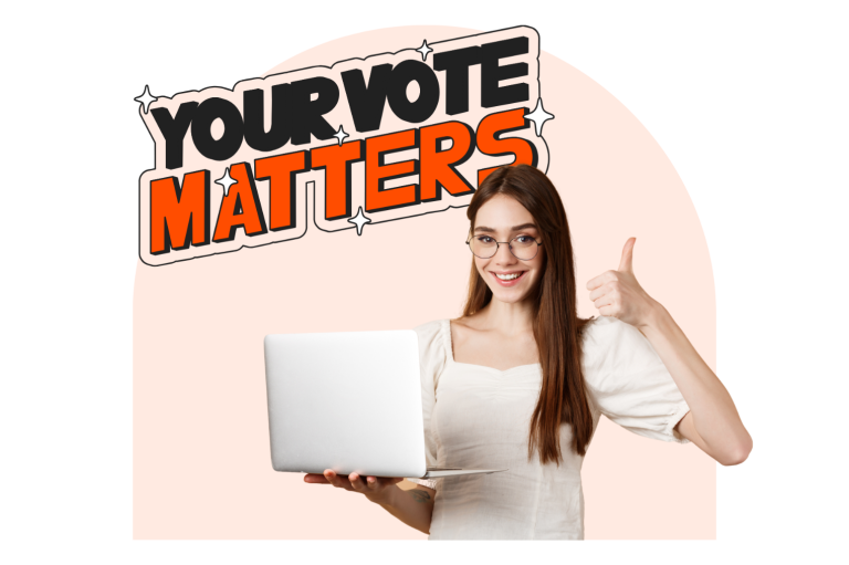 Tierschutz unterstützen Junge Frau mit Laptop, Daumen hoch, Text "YOUR VOTE MATTERS".