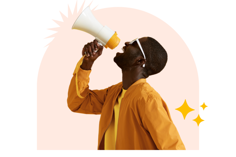 als Botschafter inspirieren Mann mit Sonnenbrille und Megaphon, trägt ein gelbes Oberteil und orangefarbene Jacke.