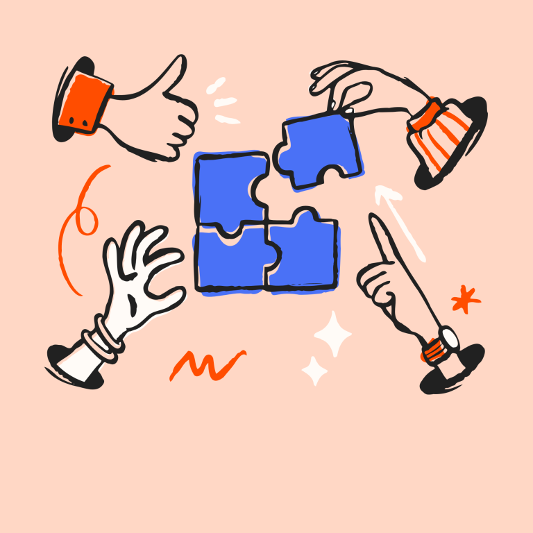 Community Hände fügen Puzzlestücke zusammen, um Zusammenarbeit und Problemlösung zu symbolisieren.