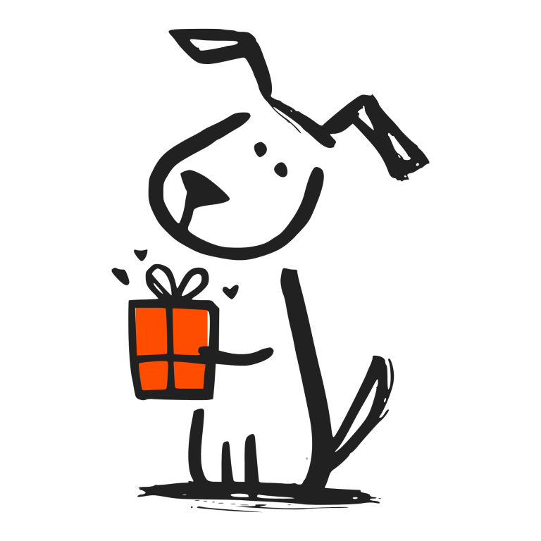 Vermittlung Ein niedlicher Hund hält ein rotes Geschenk in seinen Pfoten.